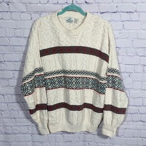 Van Heusen Men VTG Cable Knit Fair Isle Sweater Cream Red XL Fisherman Old Money